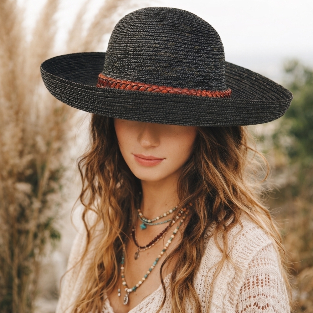 Black Rattan braidedโ leather band hat
